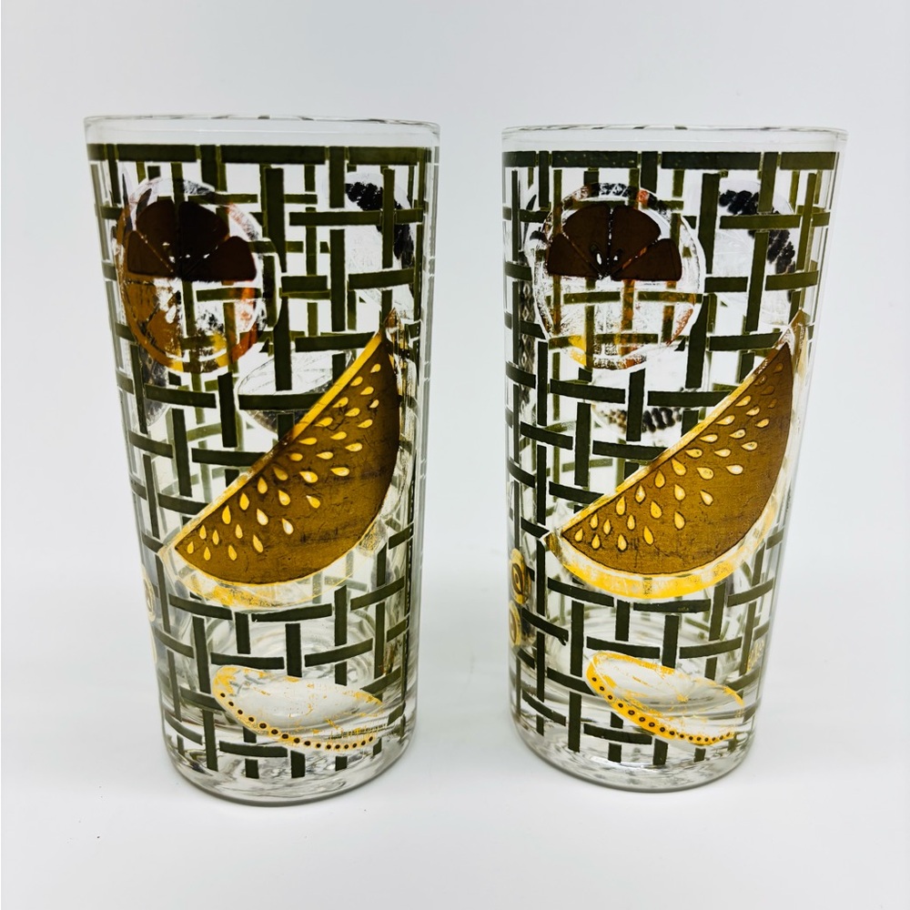 Culver Highball Glasses Green Lattice Gold Fruit Mid-Century 60s (Set Of 2)